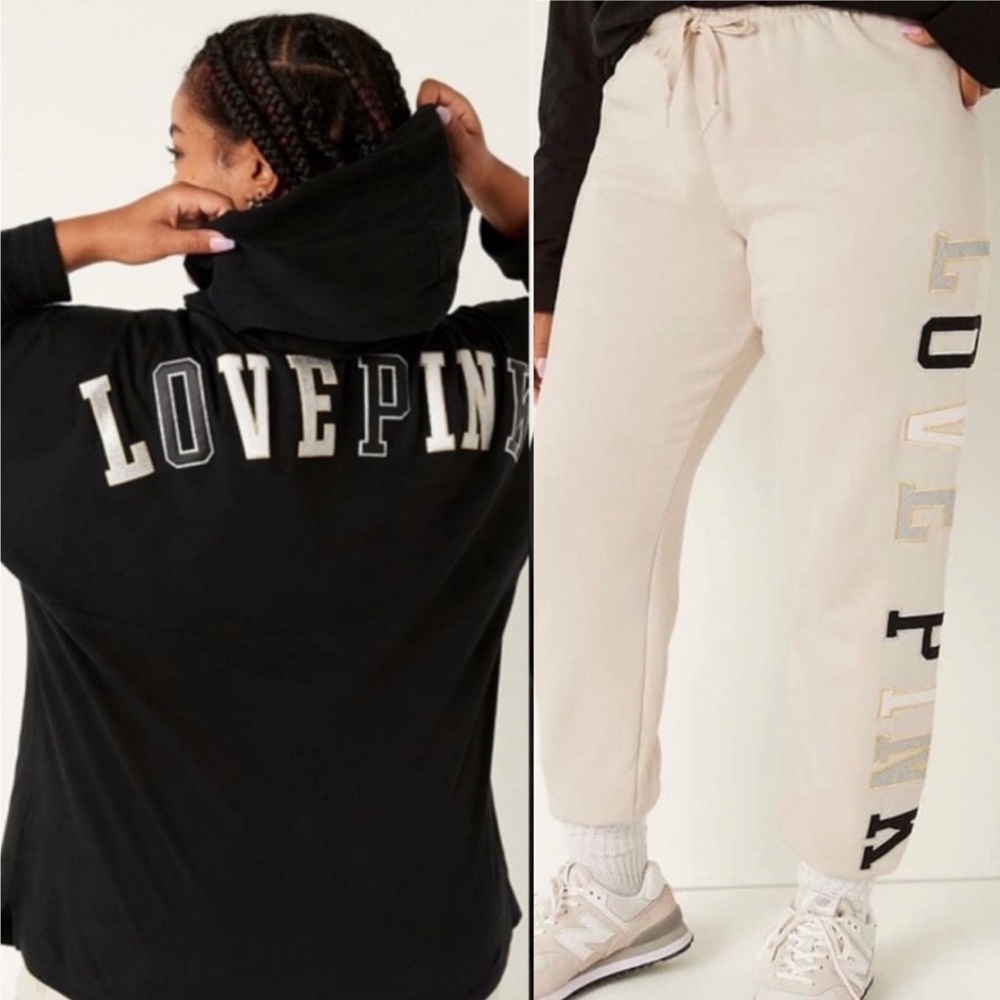 VS PINK Oversized Hooded Tee W/Black Shine Logo & Vanilla Bean Shine Sweatpant